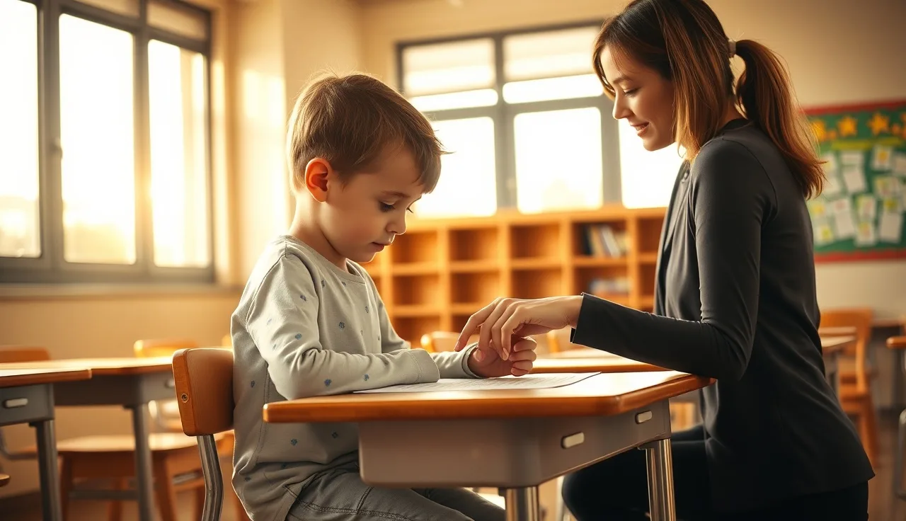 Child and teacher working together at a school desk during a reading evaluation