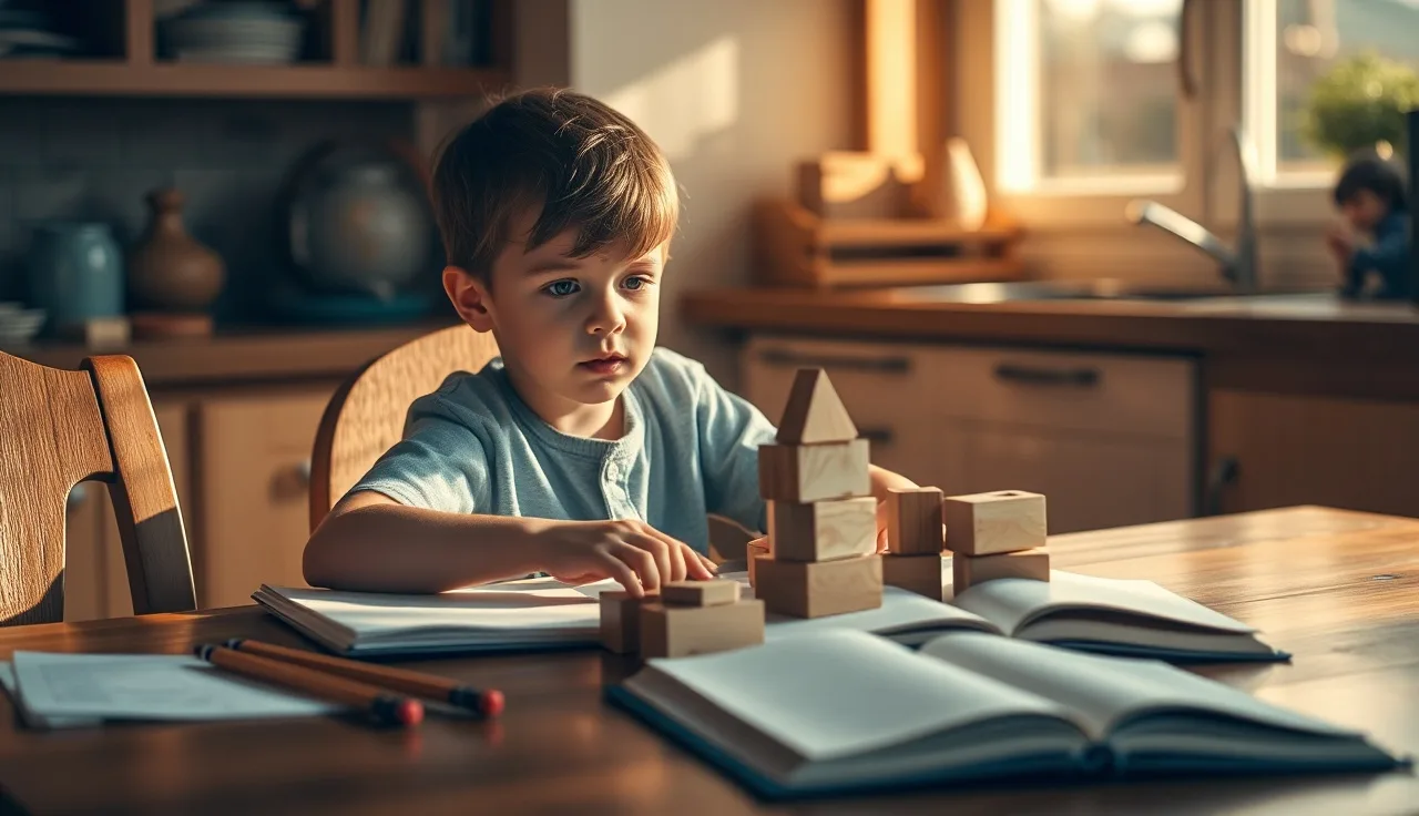 A young boy building a complex block structure at a sunlit kitchen table
