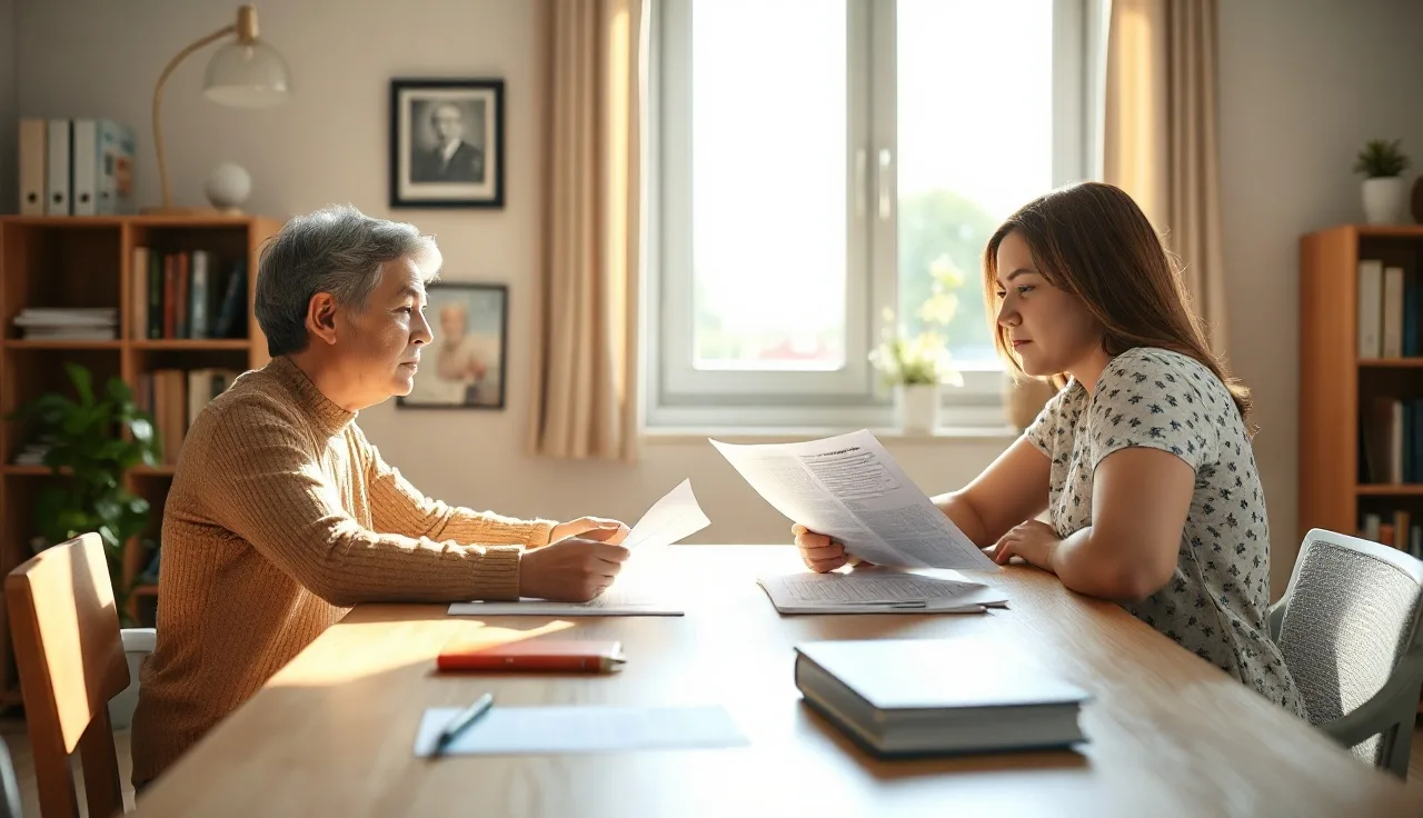Parent and school counselor reviewing IEP eligibility paperwork at a sunlit office table