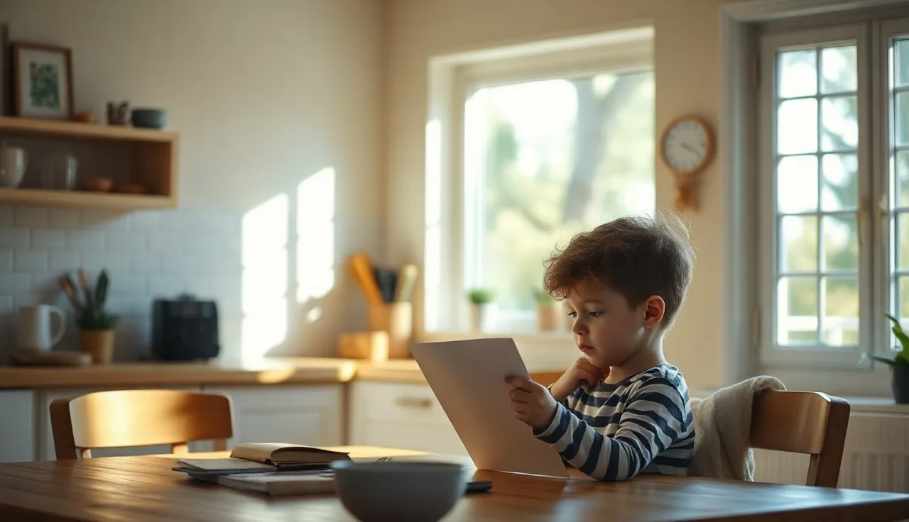 Parent and child reviewing school documents together at a kitchen table