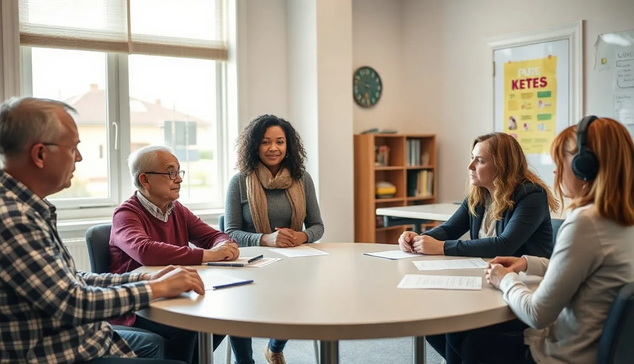Parent and school staff members reviewing documents together at an IEP meeting table
