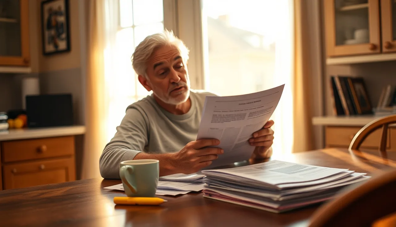 Parent reviewing school records at kitchen table with coffee and highlighter