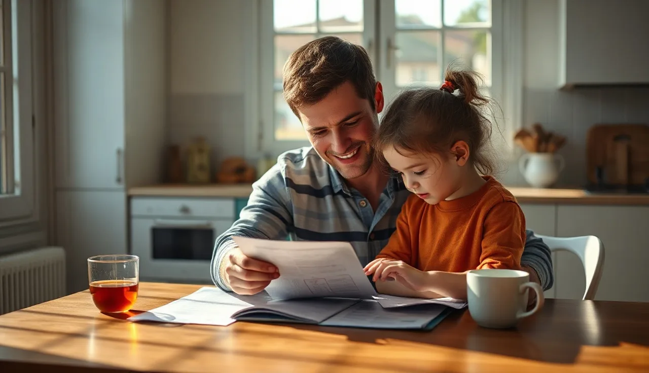 Parent and child reviewing school accommodation paperwork together at kitchen table