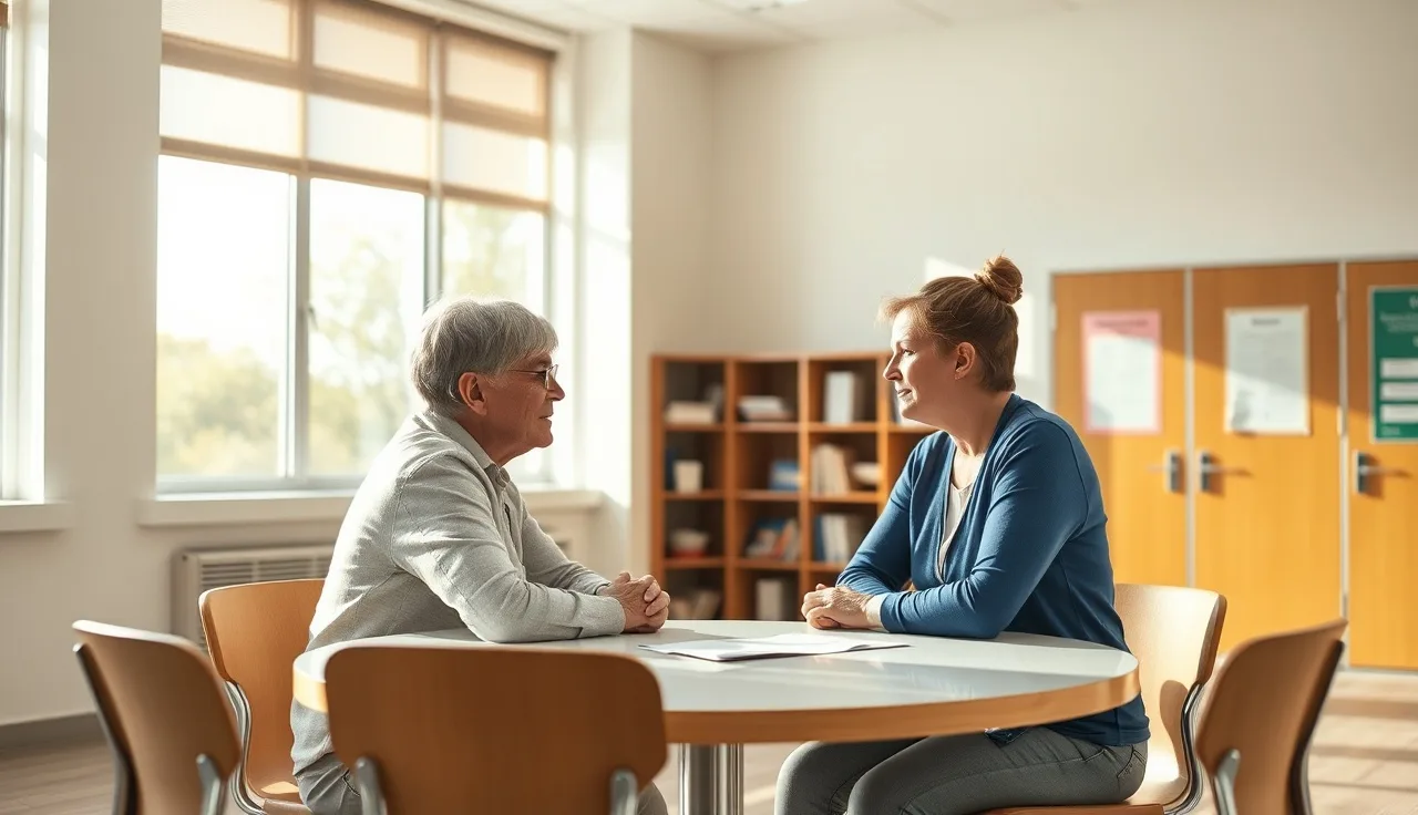 Parent and school counselor talking at a conference table during an IEP meeting