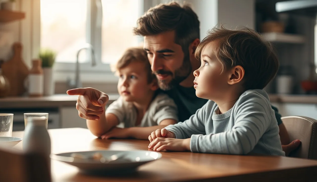 Parent and child sitting at kitchen table in morning light discussing something attentively