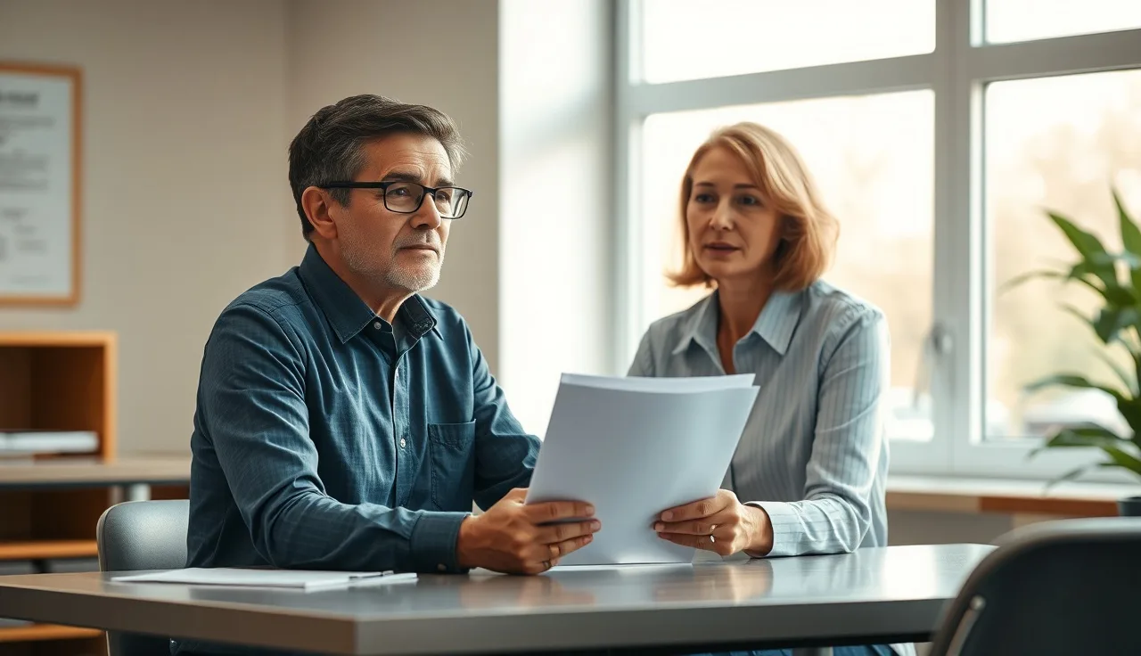 Parent holding documents across from a school administrator at a meeting table