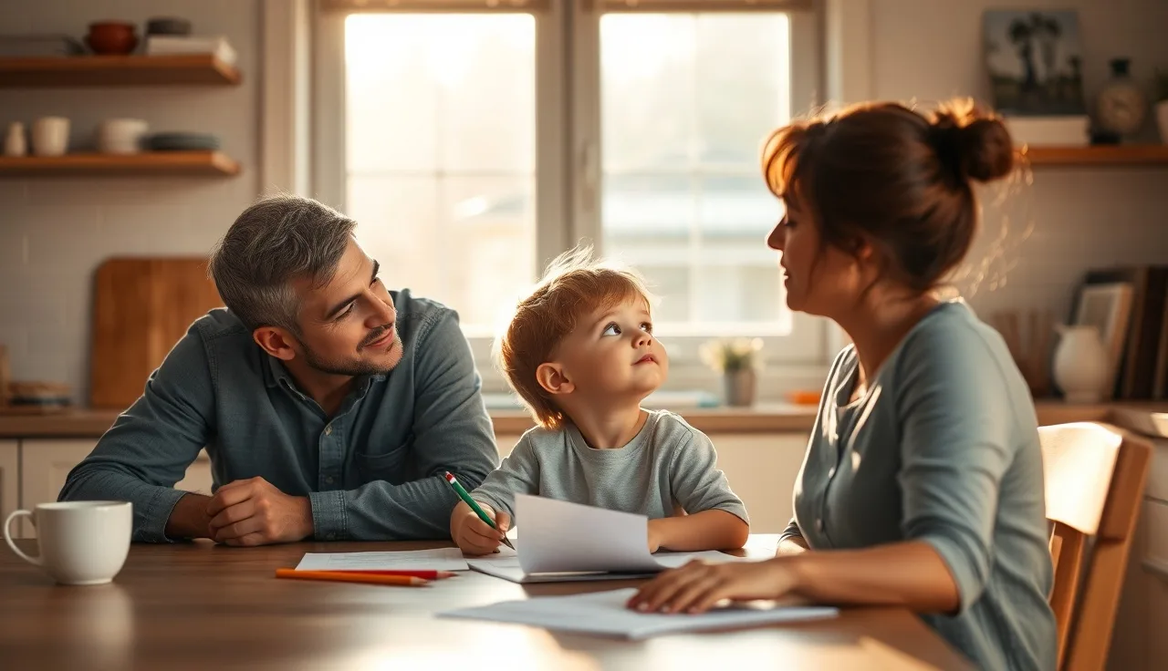 Parent and child reviewing school paperwork together at a kitchen table