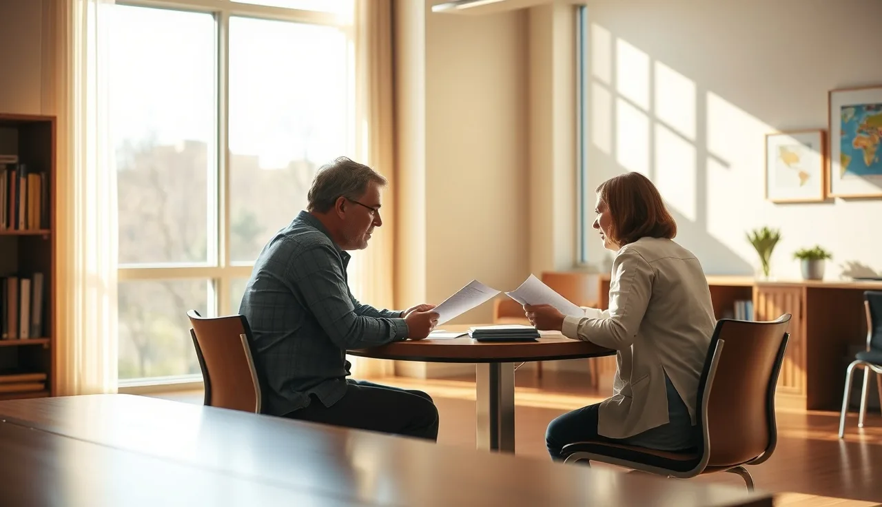 Parent and school administrator reviewing IEP documents at a sunlit conference table