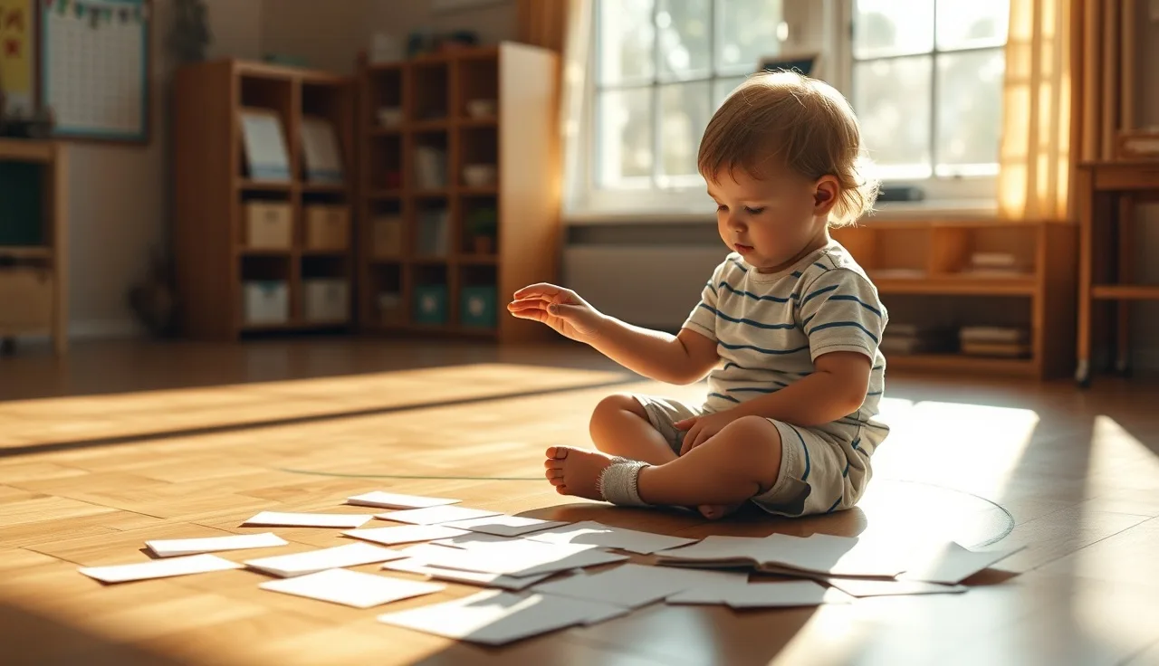 Young child examining word cards on a sunlit classroom floor