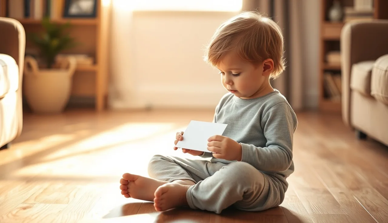 Young child reading a sight word card on a wooden floor in morning light