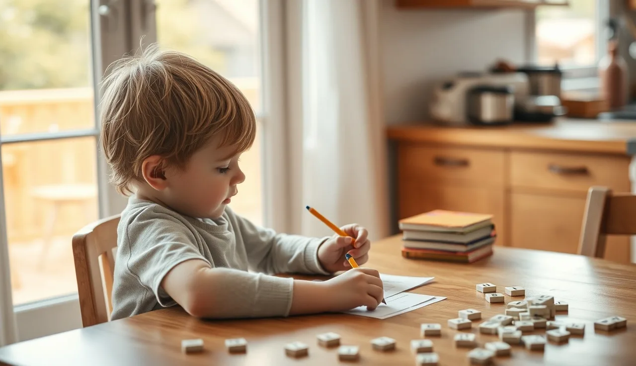 Young child practicing phonics worksheet at kitchen table with letter tiles