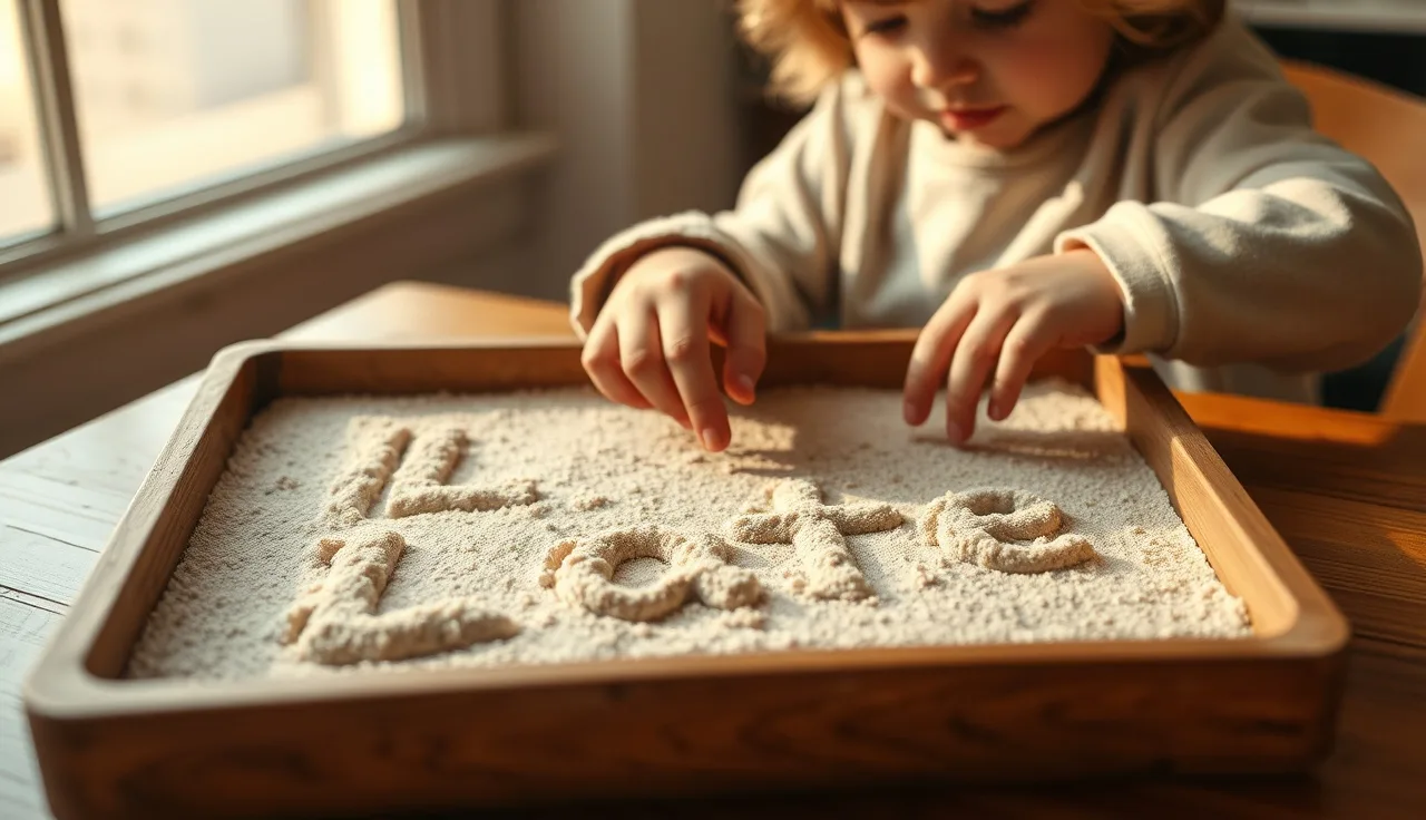 Child's hand tracing letter shapes in a sand tray during phonics practice