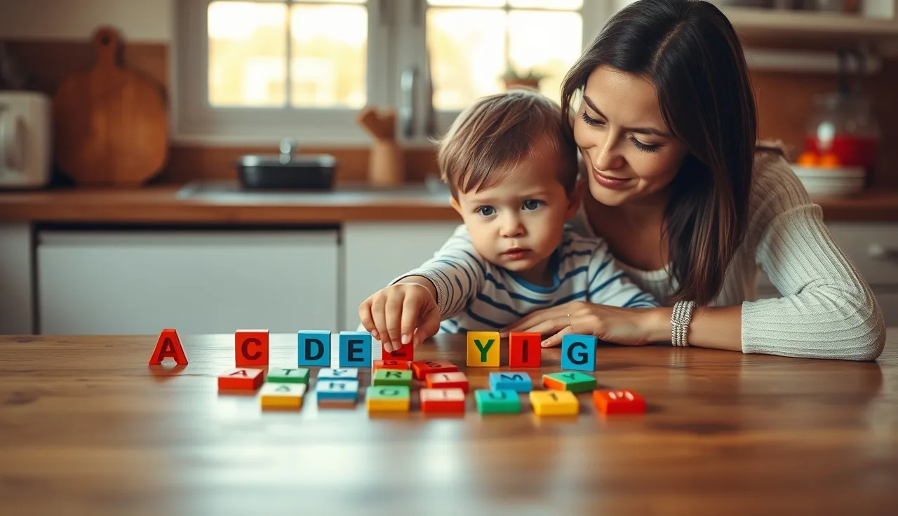 Child and parent working with letter tiles at a kitchen table during Orton-Gillingham reading practice