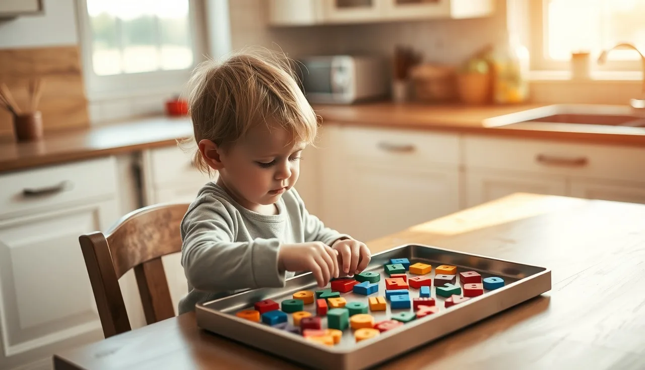 Young child arranging letter tiles on a kitchen table while learning alphabet sounds