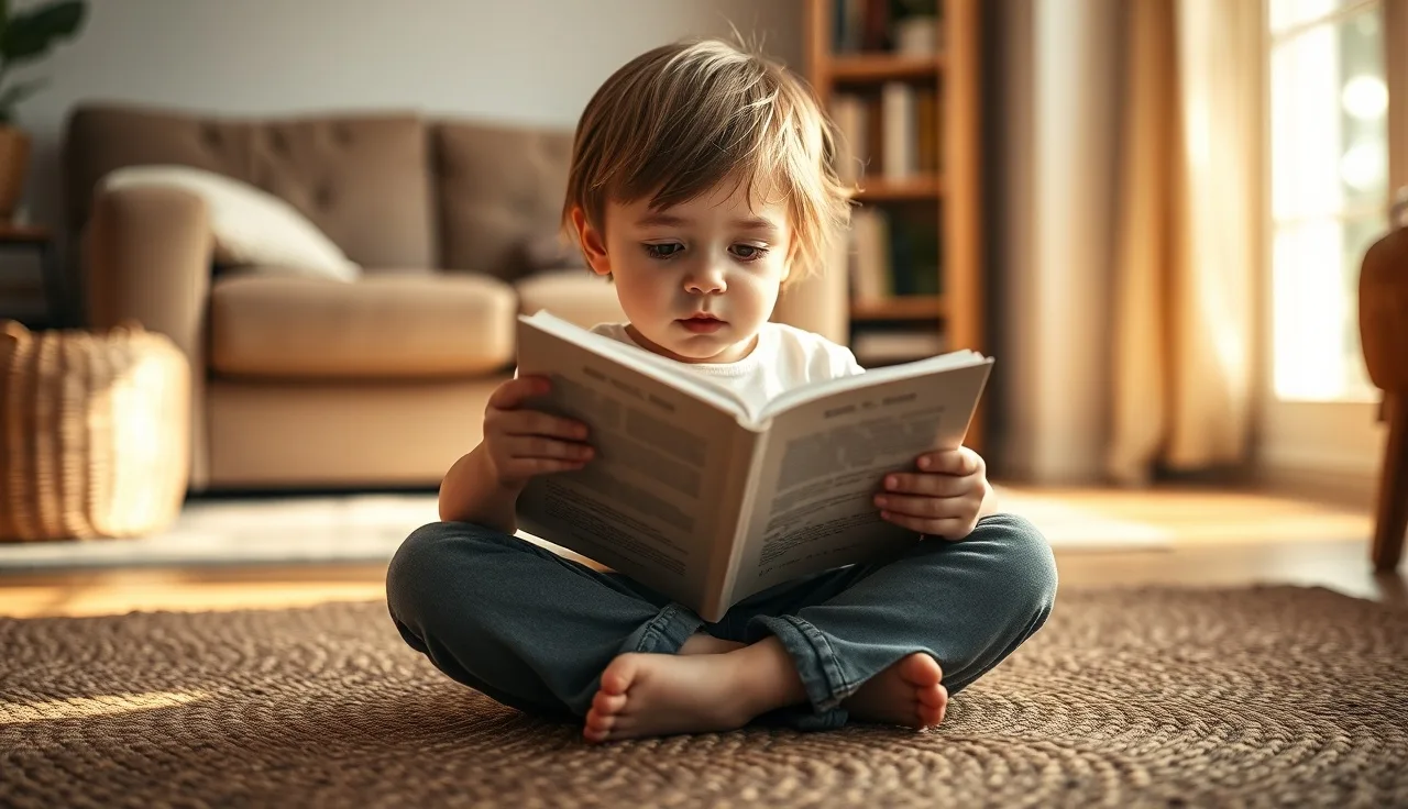 Young child reading a small decodable book on a living room rug