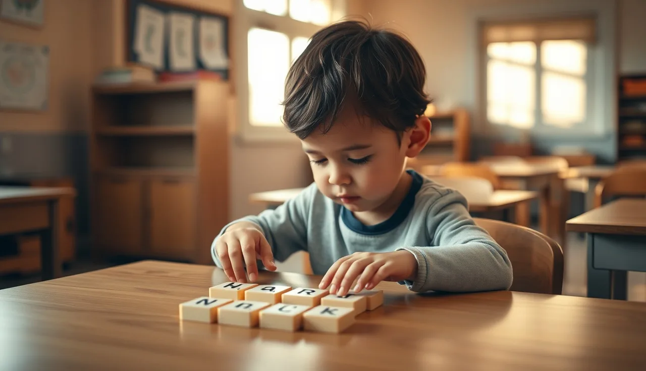 Child pointing at letter tiles on a desk during phonics instruction with an adult