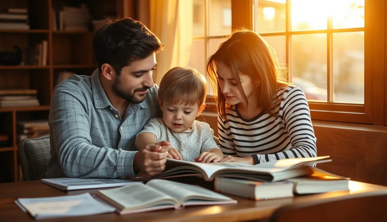 Child pointing at a page while an adult listens at a sunlit wooden table