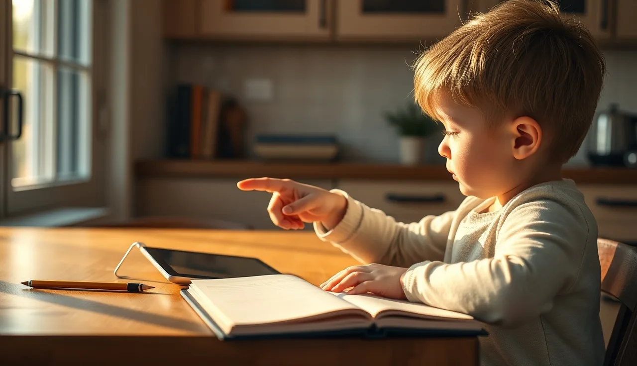 Young child using a tablet at a kitchen table while practicing reading skills