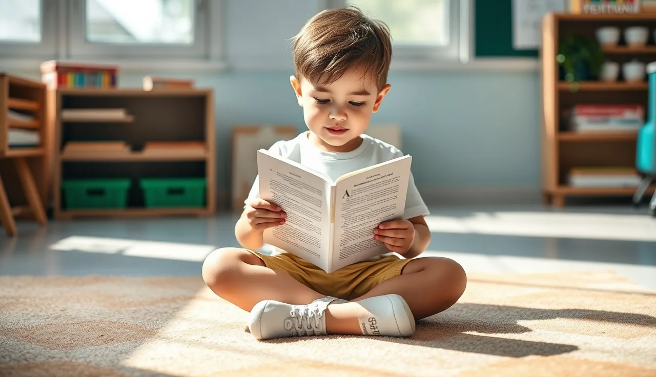 Young child reading a small decodable book on a sunlit classroom rug