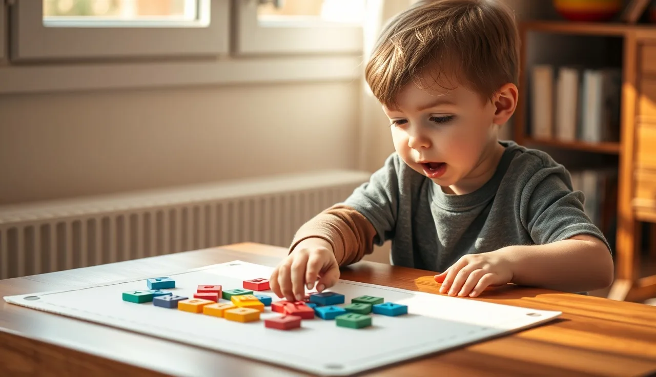 Young child arranging letter tiles on a table while learning phonics sounds