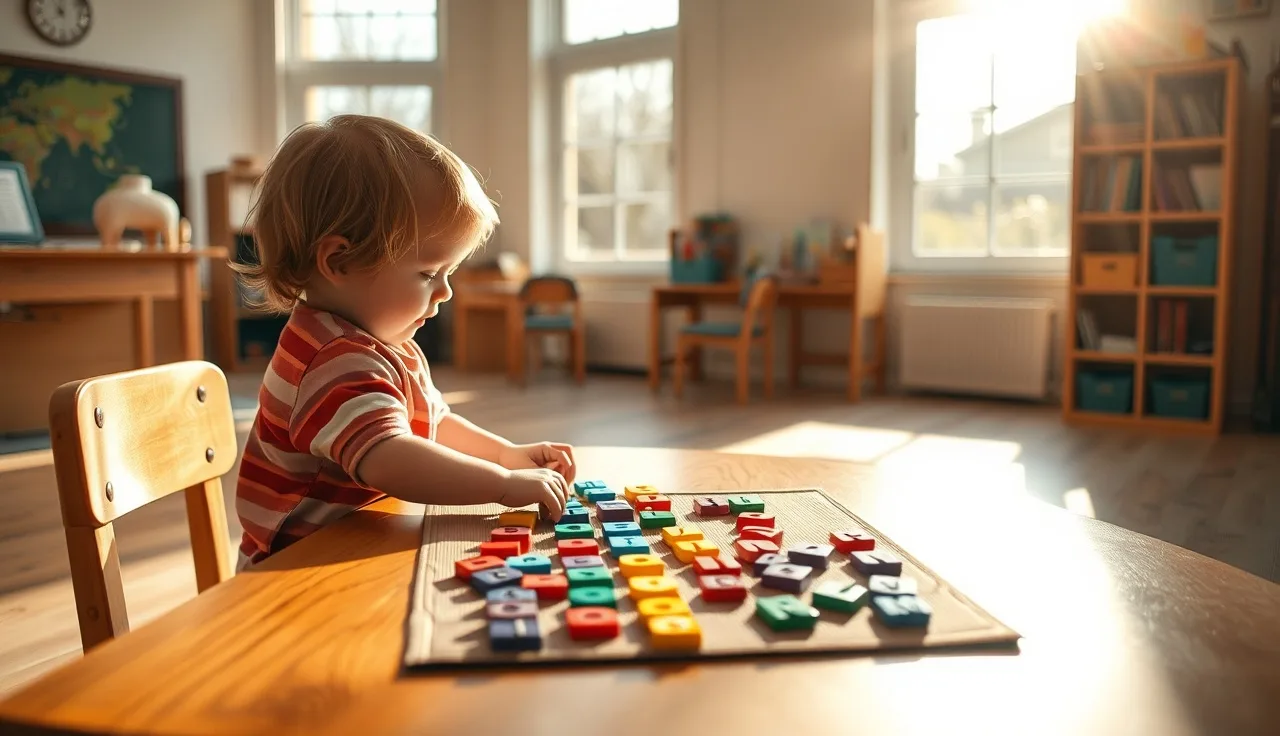 Child arranging letter tiles at a classroom table with teacher nearby