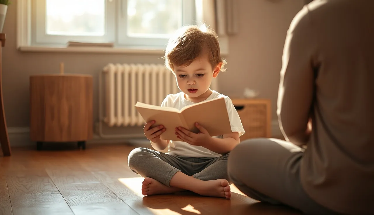 Child reading a small paper booklet aloud to an adult on a sunny floor