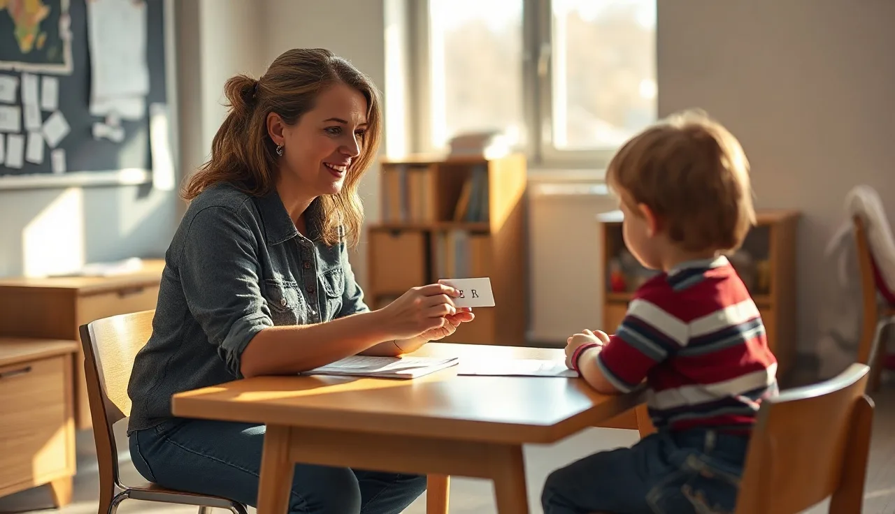 A specialist and young child doing a one-on-one phonics assessment at a small table