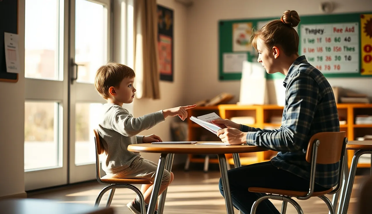 Child and teacher doing a one-on-one phonics screener assessment at a small table