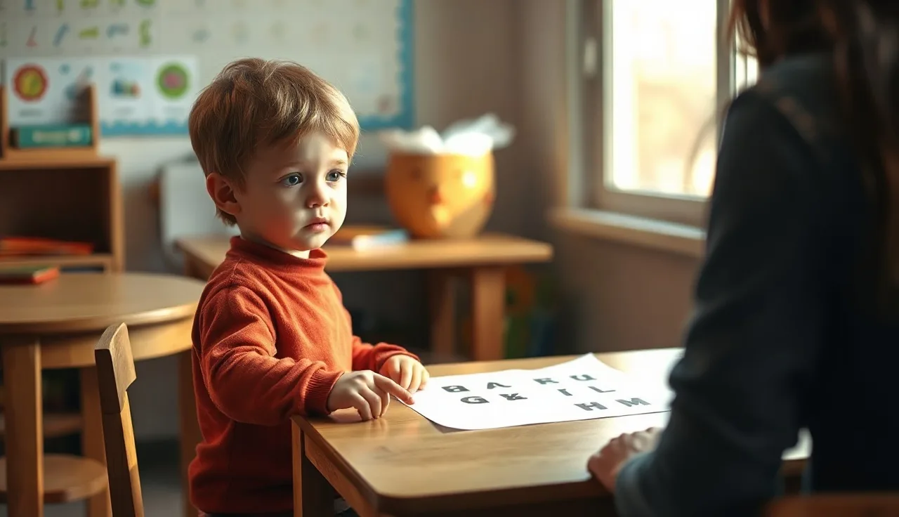 Child and adult working one-on-one on phonics letter sounds at a classroom table