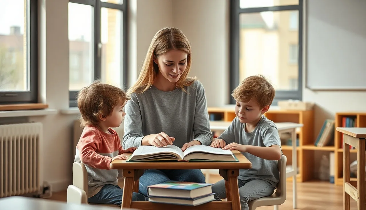 Teacher guiding two students through a reading lesson at a small classroom table