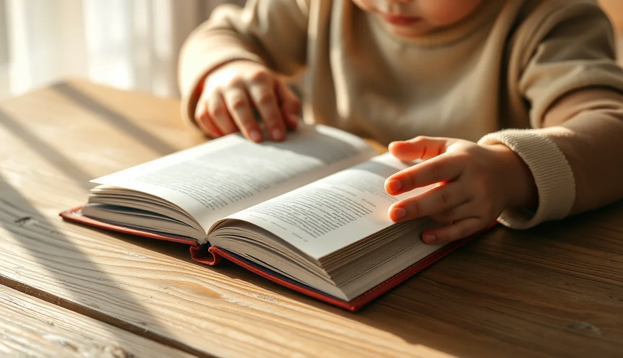 Young child's hands turning pages of a small paperback book at a sunny table