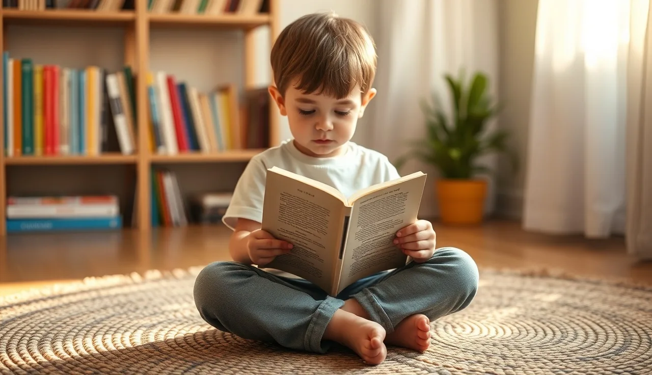Young child reading a small paperback decodable book on a rug in morning light