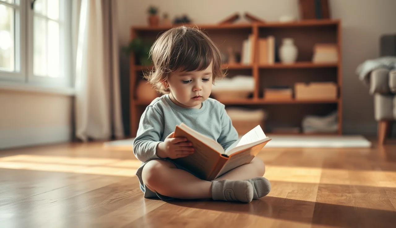 Young child reading a small decodable book on a sunlit wooden floor