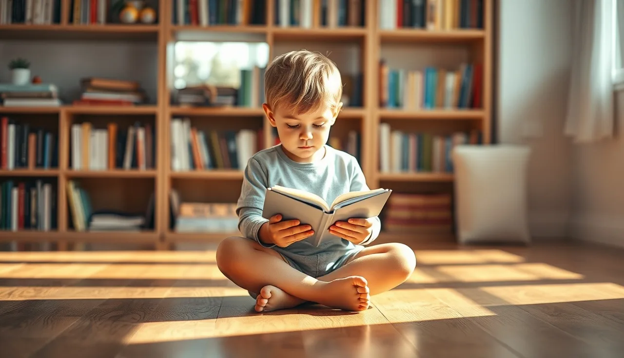 Young child reading a small book on a wood floor in warm morning light