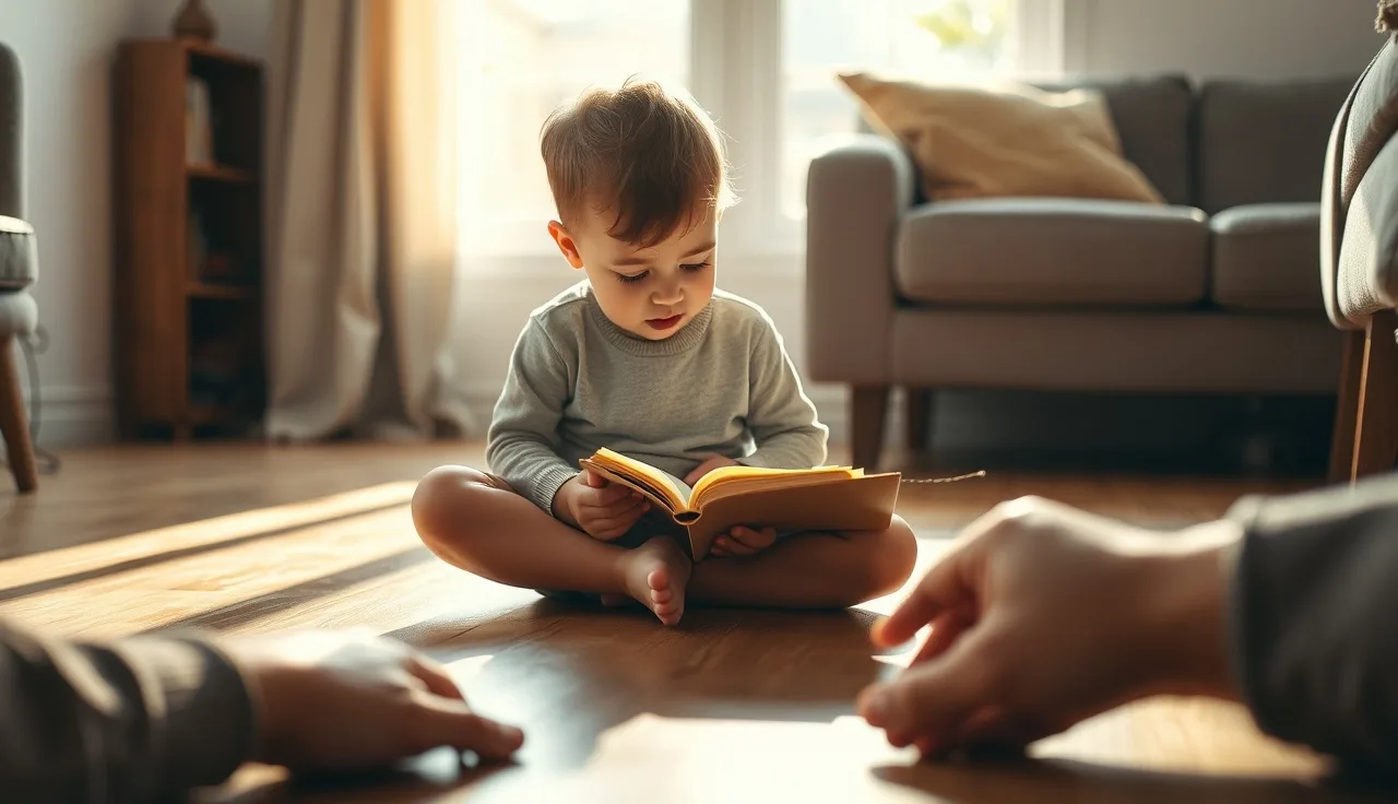 Child sounding out words in a small decodable reader on a wooden floor