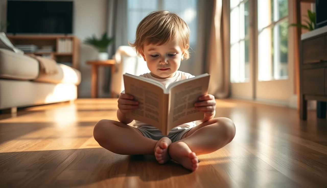 Young child reading a small paperback book on a sunlit living room floor