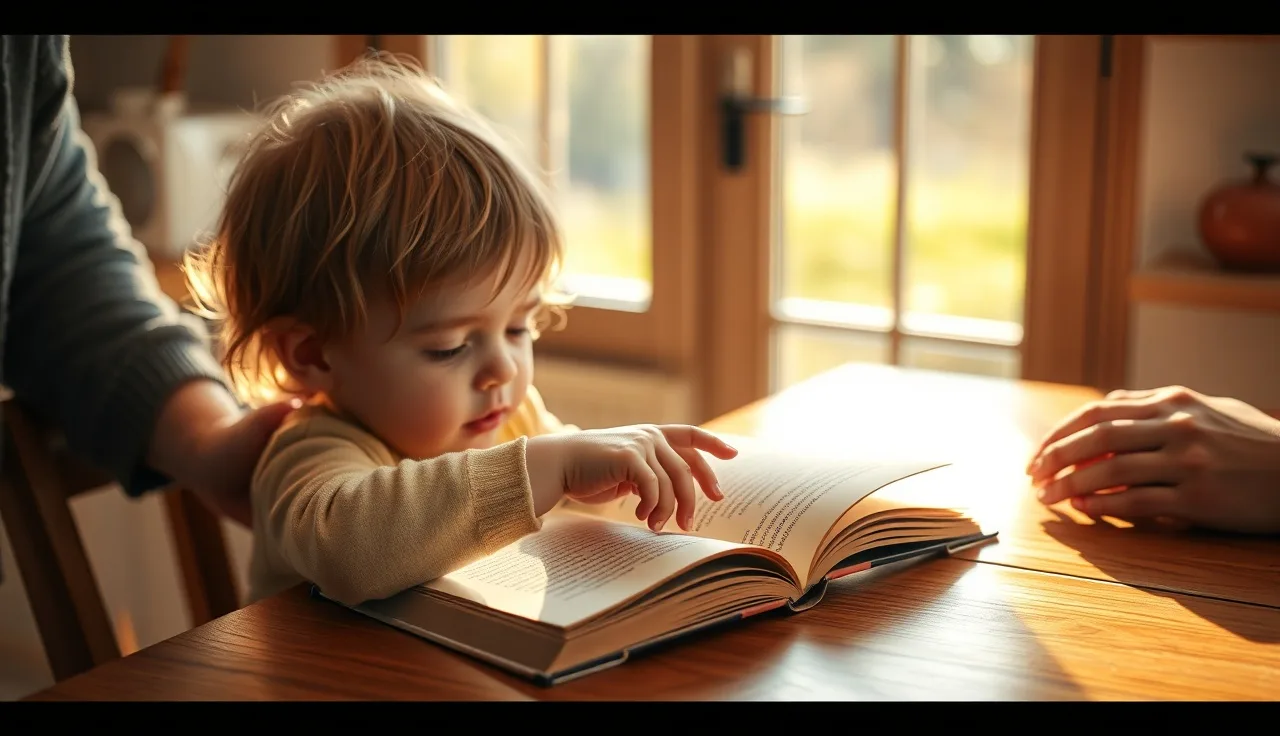 Young child pointing at words in a small book at a kitchen table