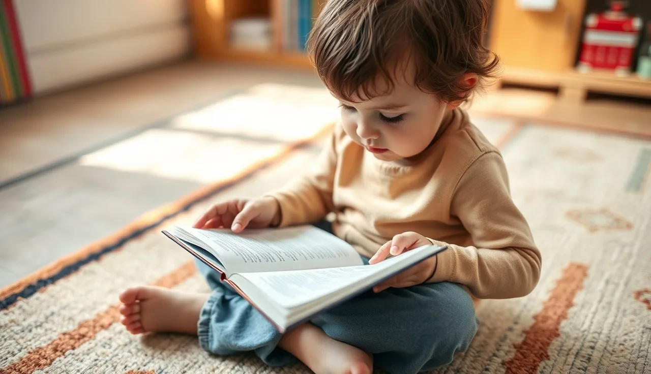 Young child reading a small beginner book on a classroom rug
