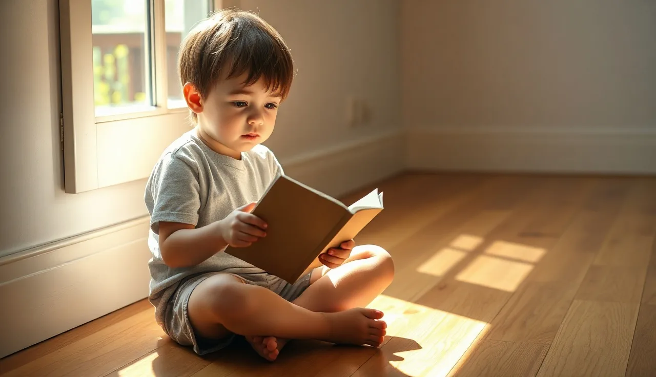 Young child reading a small paperback decodable book by a sunny window