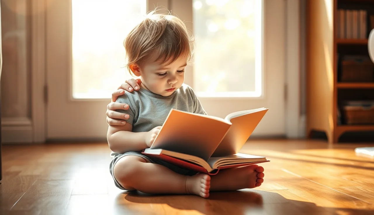 Young child reading a small decodable book on a wooden floor with parent beside them