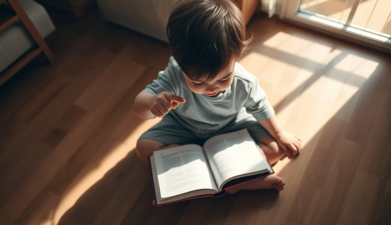Young child pointing at a small book on a sunny wooden floor