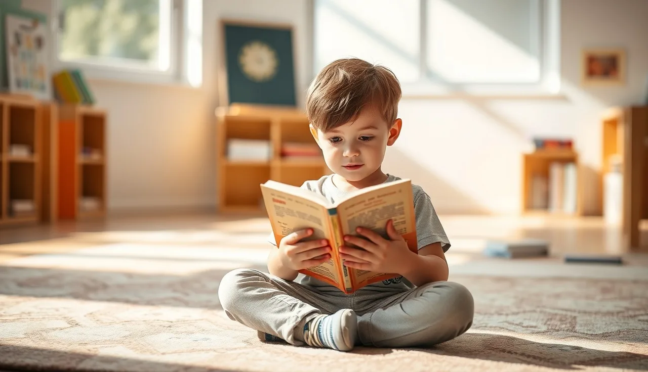 Young child reading a small decodable book on a sunlit classroom rug