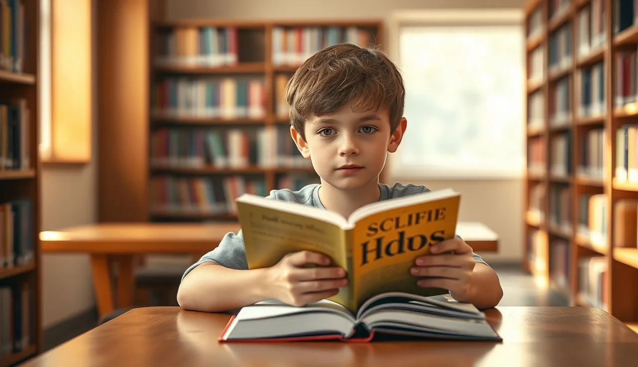 An older child reading a paperback book alone at a library table in warm afternoon light
