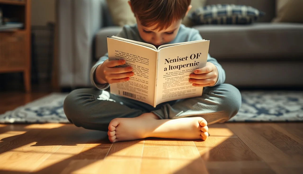 Preschool child reading a small phonics book on a living room floor