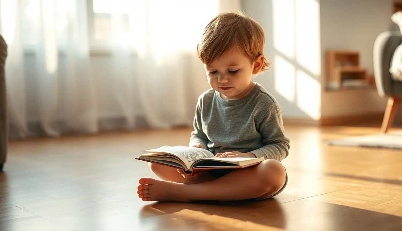 Young child reading a small paperback book on a sunlit wooden floor