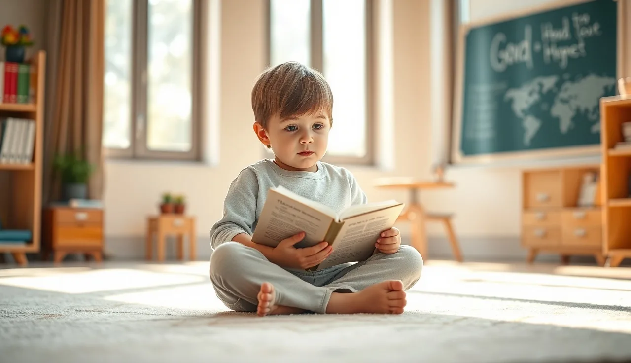 Young kindergartner reading a small paperback book on a sunny classroom rug