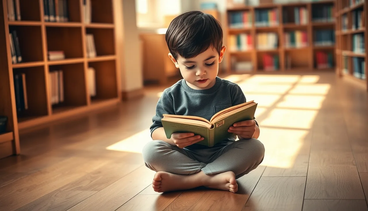 Young child reading a small paperback decodable book on a classroom floor