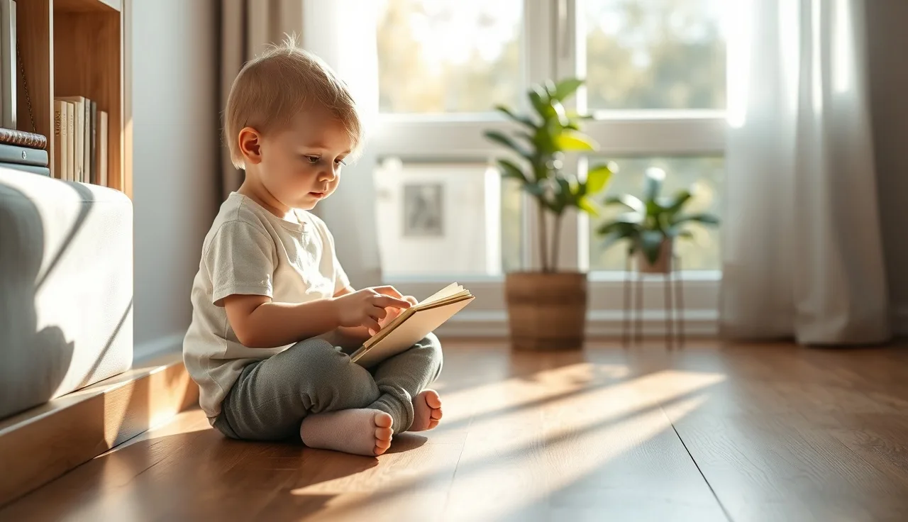 Child pointing at a page in a small book by a sunny window