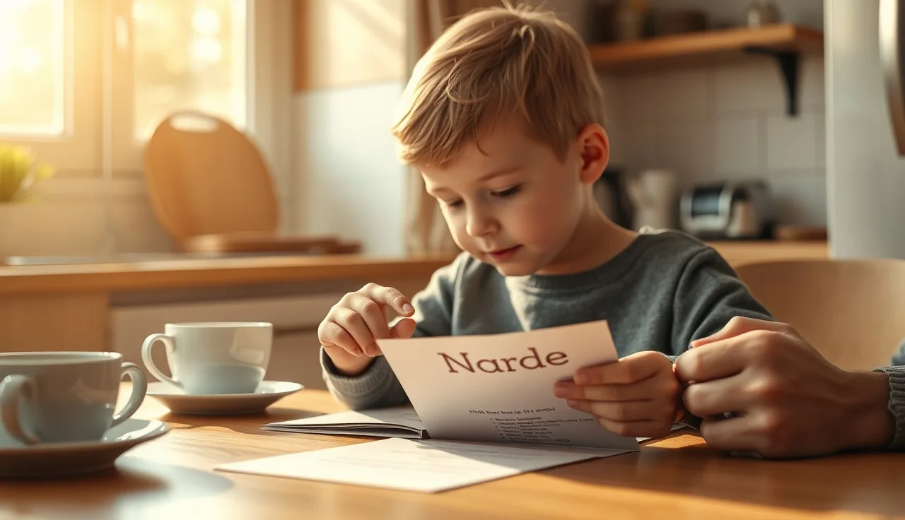 Child sounding out words in a small printed booklet at a kitchen table