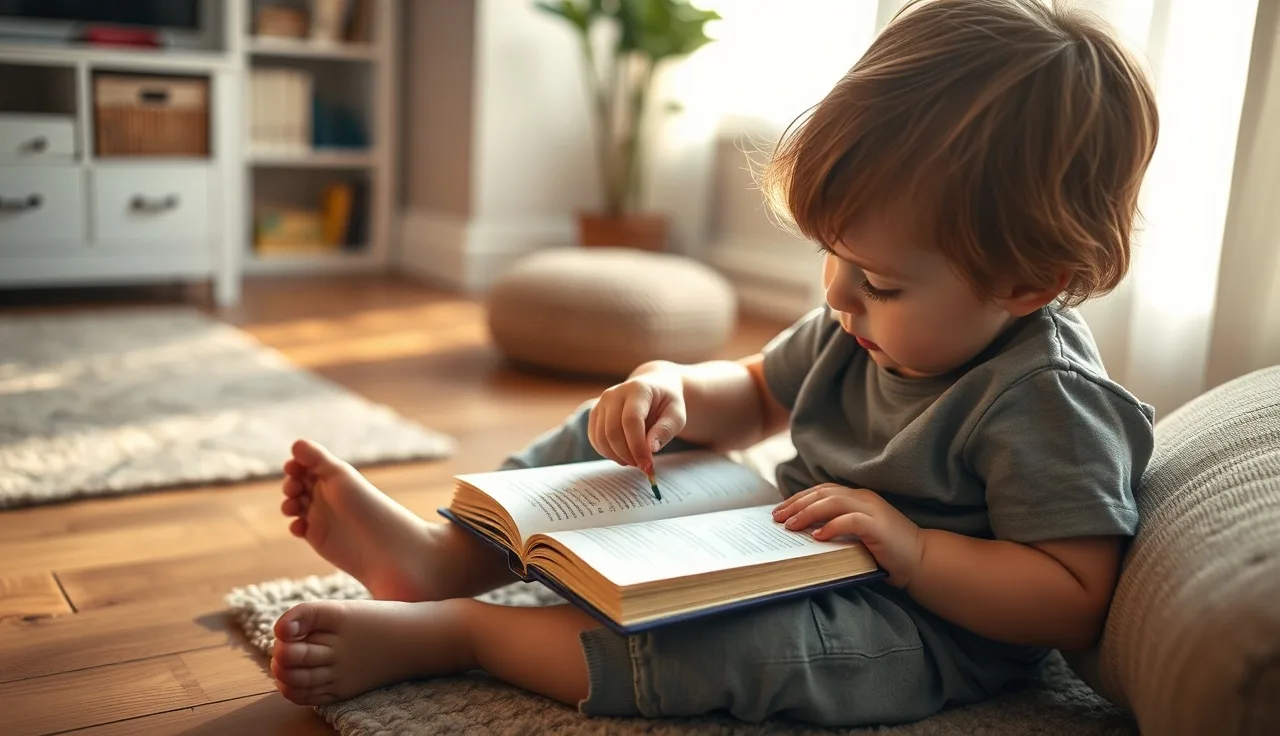 Young child reading a small decodable book on a living room floor